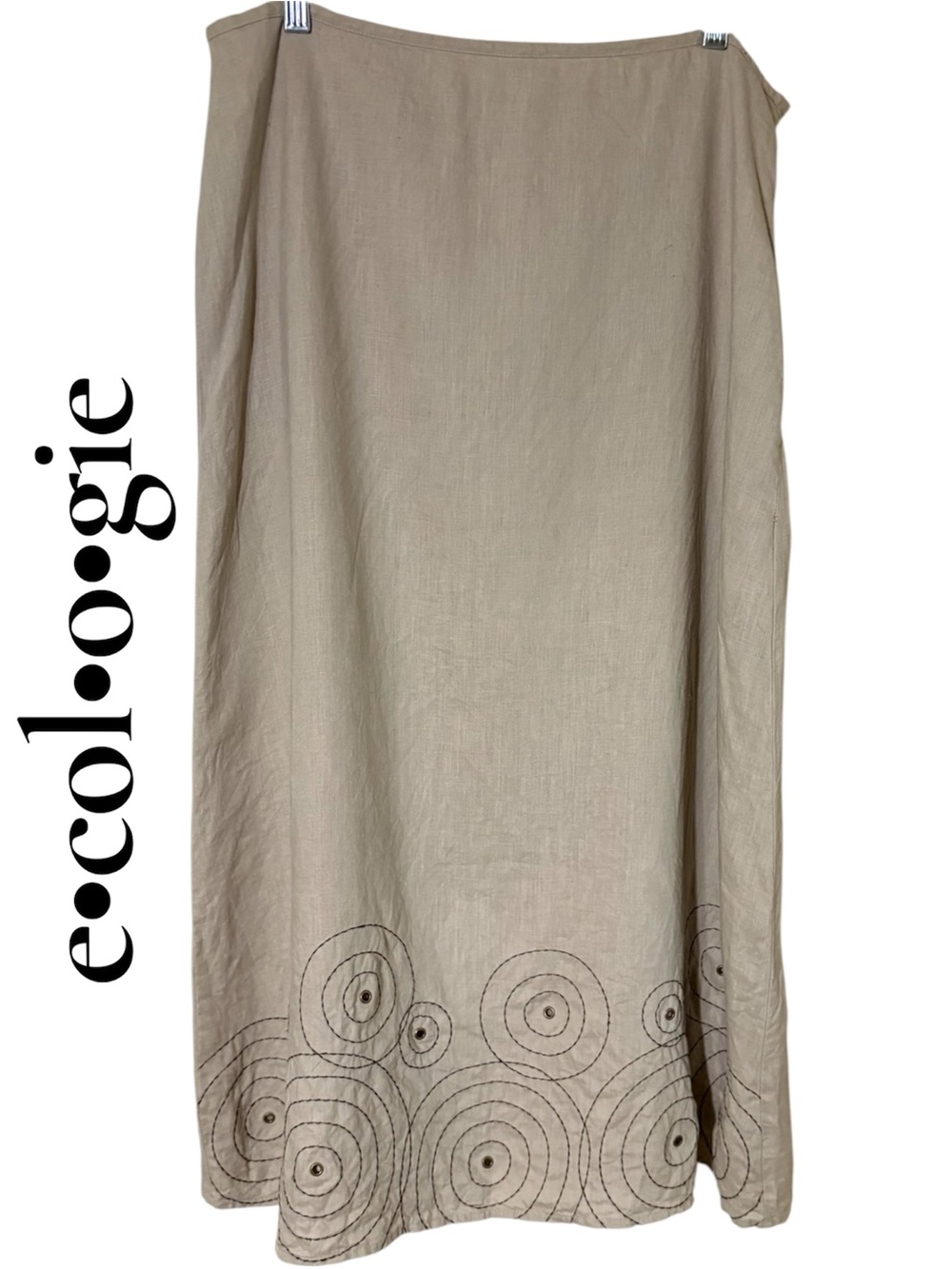 Ecologie Beige 100% Linen Embroidered Circle-Hem Midi Skirt. Size 12 Lined. EUC